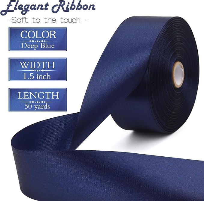 Deep Blue Solid Satin Ribbon 1-1/2 Inch 50 Yards Solid Polyester Fabric Ribbon for Gift Wrapping Wedding Christmas Baby Shower Birthday Party Decoration Handmade Immortal Flower Craft