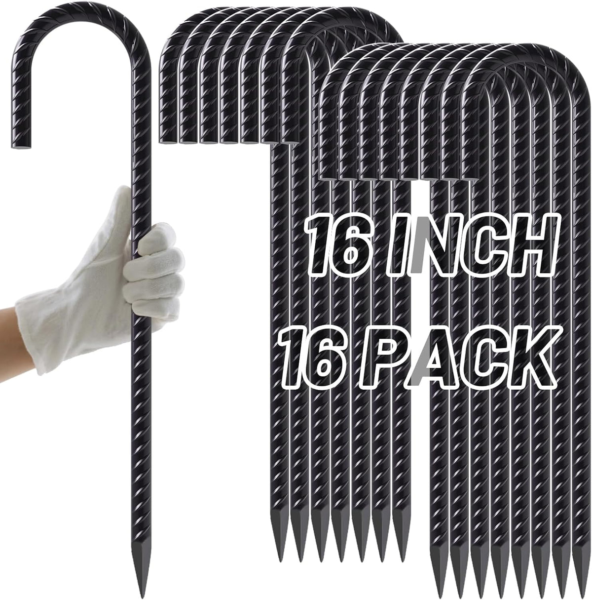 AAGUT 16 Inch Rebar Stakes 3/8" J Hook (16pcs) Heavy Duty Steel Ground Anchors Tent Stakes Ground Stakes with Chisel Point End for Chain Link Fence, Black