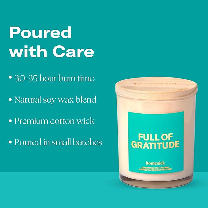 Homesick Scented Candles for Home (Full of Gratitude) - 7.5 oz Long-Lasting Natural Soy Wax Blend Jar Candle Gift for Women & Men, 30-35 Hours Burn Time - Notes of Lemongrass & Gardenia
