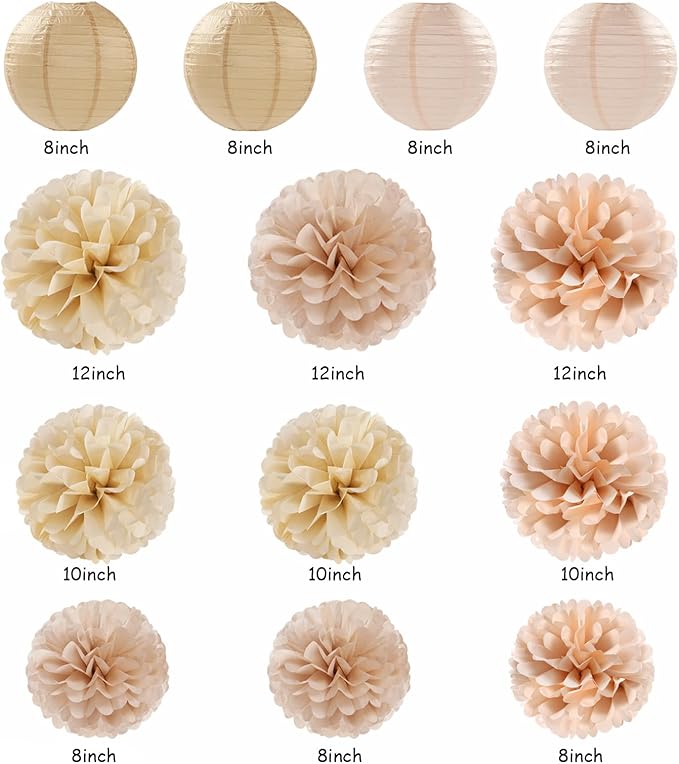 Beige-Champagne Gold White-Peach Boho Party-Decorations - 20pcs Neutral Baby Shower Rustic Wedding Paper Lanterns Fans,Tissue Pom Poms,Honeycomb Balls,Bunting,Birthday Bridal Decor Burgleda