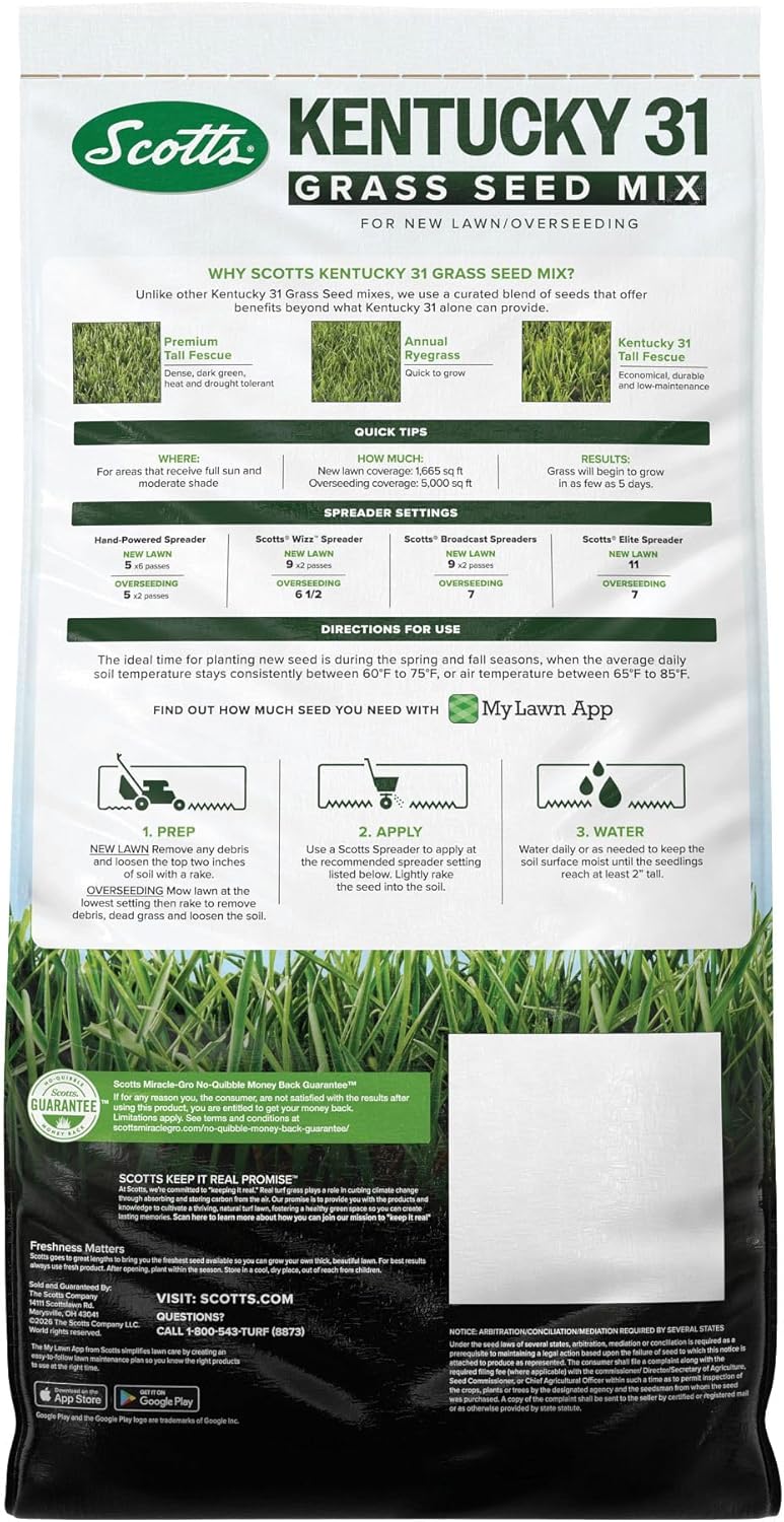 Scotts Kentucky 31 Grass Seed Mix for New Lawns or Overseeding, Grows Thicker and Greener vs. Other Kentucky 31 Mixes, Covers up to 5,000 sq. ft.