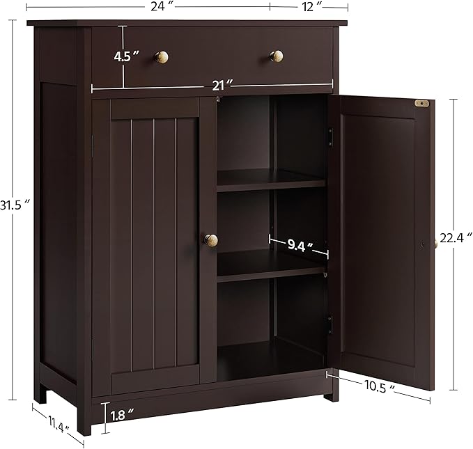 Yaheetech Bathroom Storage Cabinet with Drawer and Double Doors, Free-Standing Organizer with Inner Adjustable Shelf for Living Room, 11.8D x 23.6W x 31.5H in, Espresso