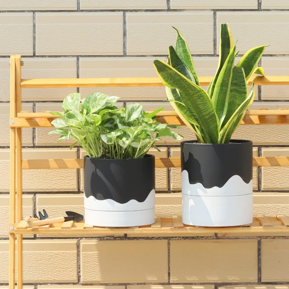 Nihow Ceramic Plant Pot: 6 Inch Planter with Drainage Hole & Saucer for Indoor & Outdoor Plants - Cylinder Round Flower Pot for Succulent/Herbs/Violets - Black & Wave White