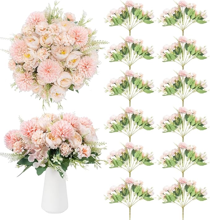 12 Packs Peonies Artificial Flowers,Silk Artificial Peonies Flowers Fake Peony Faux Floral Arrangements Bouquet for Centerpiece Table Wedding Party Home Decor Pink