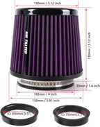 4-Inch Cold Air Intake Filter - Washable, High Performance, 3" or 3-1/2" or 4" Clamp-On Replacement Cone Air Filter Universal 3 Sizes in 1 Purple
