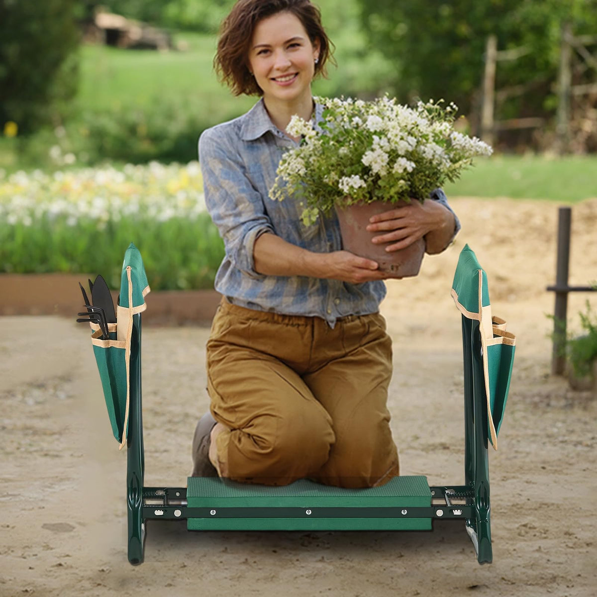 VEVOR Garden Kneeler and Seat Heavy Duty, Portable Garden Stool with 6'' EVA Kneeling Pad and 2 Tool Bags, Folding Garden Bench to Relieve Knee & Back Pain, Great Gifts for Seniors, Family Gardeners