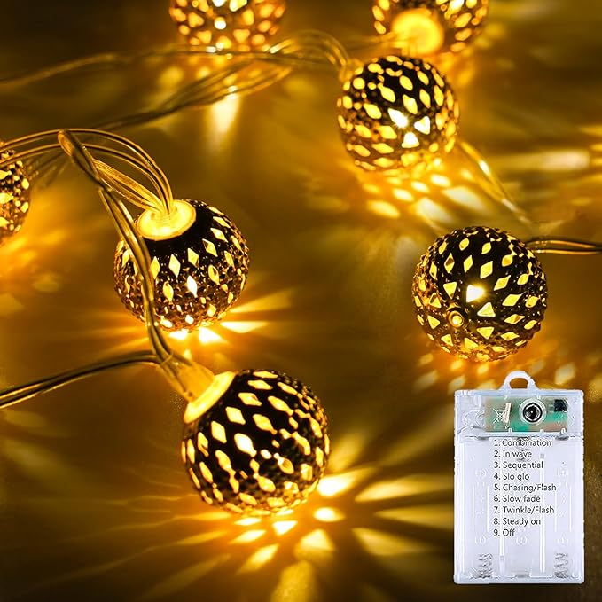 LORRYTE Moroccan String Lights Outdoor Battery Operated, 60 LED 36 FT Globe Fairy Lights with 8 Lighting Modes, String Lights for Bedroom Party Wedding Garden Christmas Decor (Warm White)