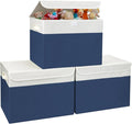 Large 17" 42 Quarts Collapsible Stackable Storage Bins with Lids [3-Pack] Foldable Fabric Linen Storage Boxes Cube, Closet Organizer Baskets with Label for Home (16.7 x 12 x 12", Navy Blue & White)