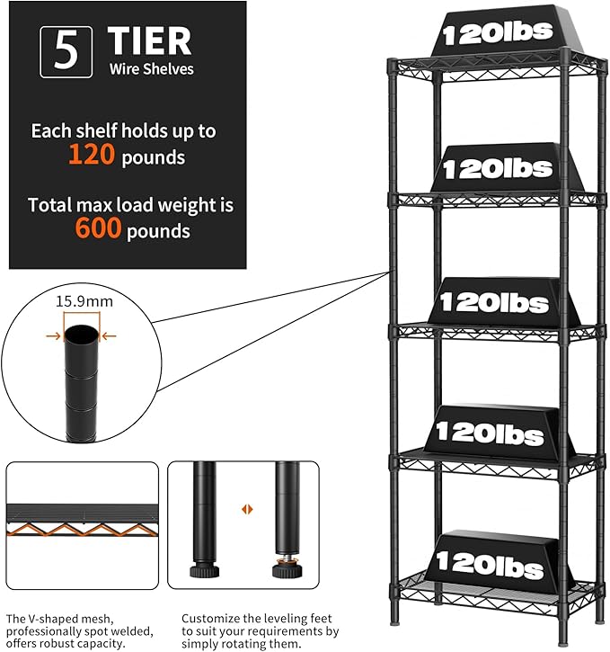 Small 5 tire Shelves Storage Wire Shelving Unit Metal Shelf Adjustable Organizers Storage Shelving for Bathroom Laundry Room Kitchen Pantry10”D x 16”W x 55”H Black