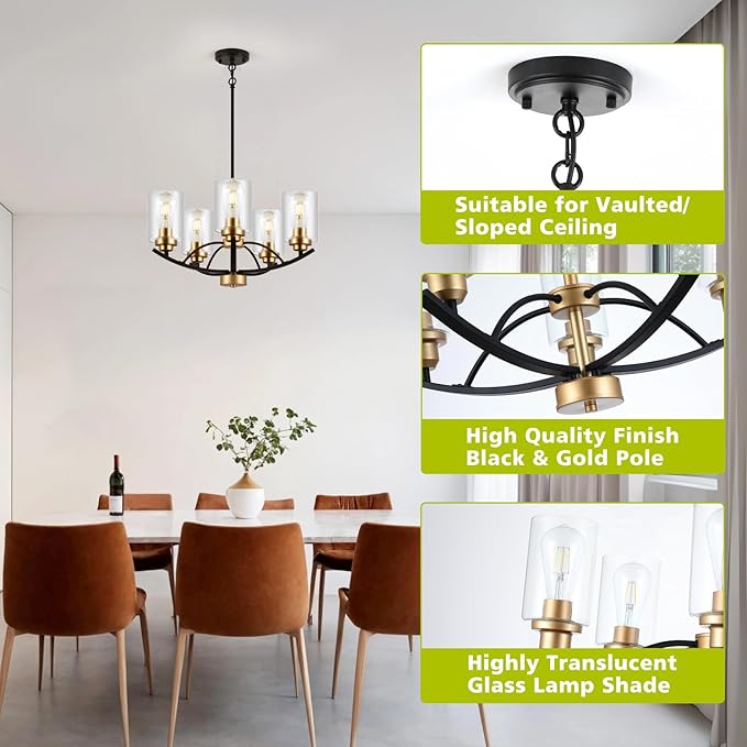 9MMML 5 Lights Glass Chandelier,Wrought Iron Pendant Light Fixtures, Gold+Black Finish Kitchen Island Lighting for Dining&Living Room Foyer Bar