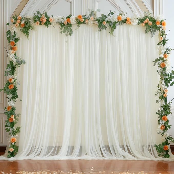 10x10 Ivory Tulle Backdrop Curtains for Parties, Sheer Backdrop Curtain Wedding Photo Background Drapes for Baby Shower Photography Birthday Party