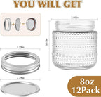 Mason Jars 8 Oz with Lids 12 Packs, Vintage Small Glass Canning Jars with Silver Metal Lids for Storing, Pickling, Honey, Jam, Home Decor, Candle and DIY Crafts
