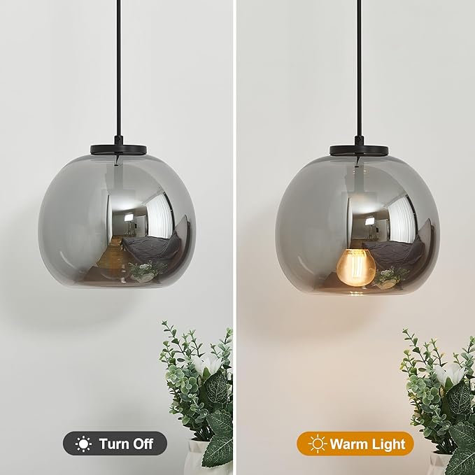 1-Light Mirror Smoke Gray Glass Pendant Lights Kitchen Island Black Hanging Light Fixture 7.87" Glass Globe Pendant Light Modern Pendant Lighting for Kitchen Island Bedroom Dining Room