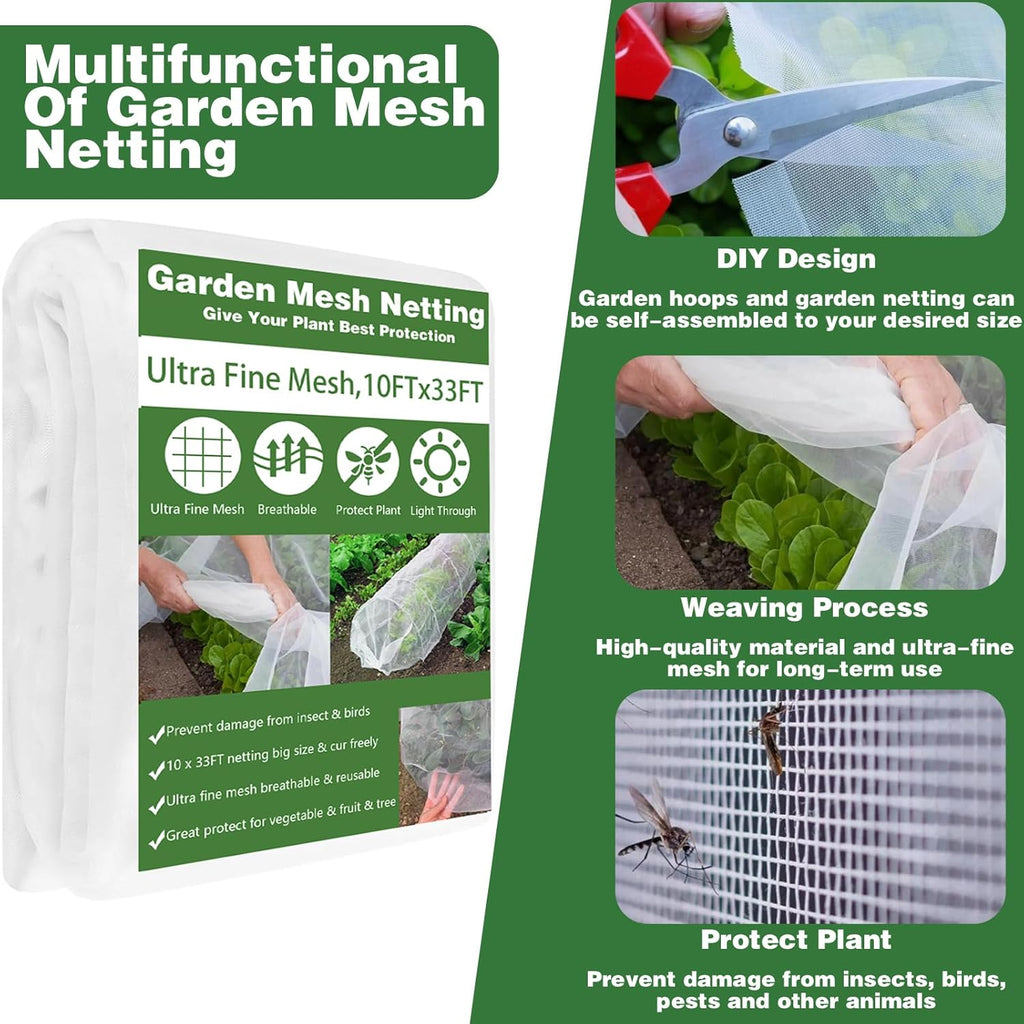 Garden Mesh Netting Kit, 10x33FT Ultra Fine Mesh Netting with 6 Sets Fiberglass Garden Hoops & 18 Clips for Tree Fruit Barrier Vegetable Fruits Flowers Shrubs Plant Covers Net