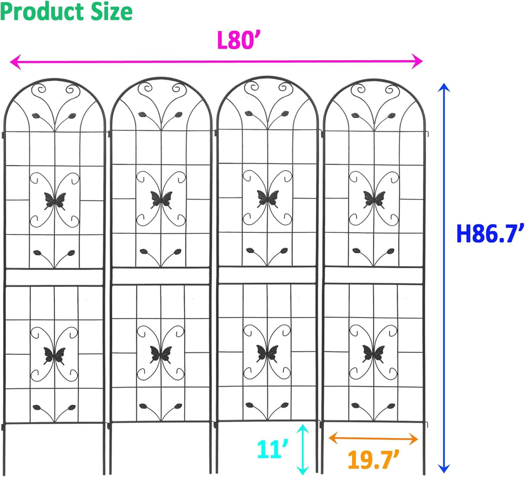 4 Pack Metal Garden Trellis 86.7" Black Fence Rustproof Garden Trellis for Climbing Plants Support Roses Flower Outdoor Lawn, Black