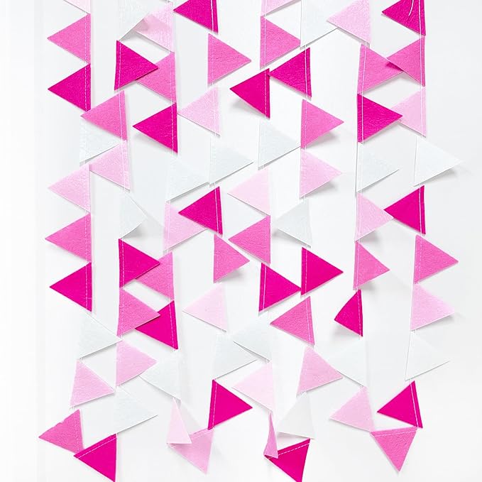 Hot Pink Party Decorations - Ombre Rose Pink Felt Hanging Triangle Mini Bunting Pennant Banner Flag for Birthday, Wedding, Baby Shower, Bridal Shower, Bachelorette, Girl Party, Classroom
