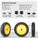 TICONN 4.80/4.00-8 Tire, 14.5" Flat Free Wheelbarrow Tire and Wheel, Solid Replacement Tires, 5/8" 3/4" Bearings, Universal Fit 4.80/4.00-8, 3.50/3.00-8, 4.00-6 (14.5" Yellow, 4PK)