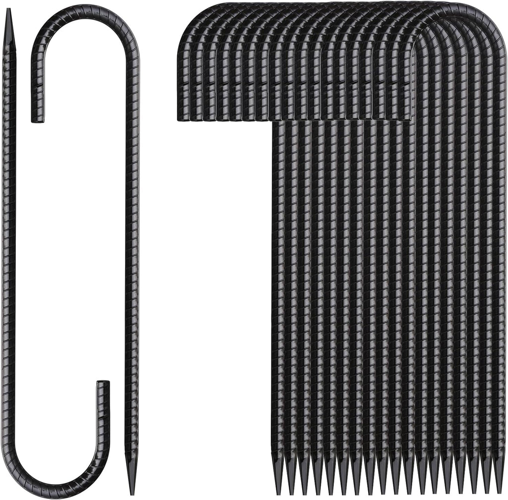 Rebar Stakes 16 Inch 20 Pack J Hook Ground Stakes Heavy Duty Tent Stakes Chain Link Fence Stakes with Chisel Point End Galvanized Steel Ground Anchors Metal Spikes Black Coated