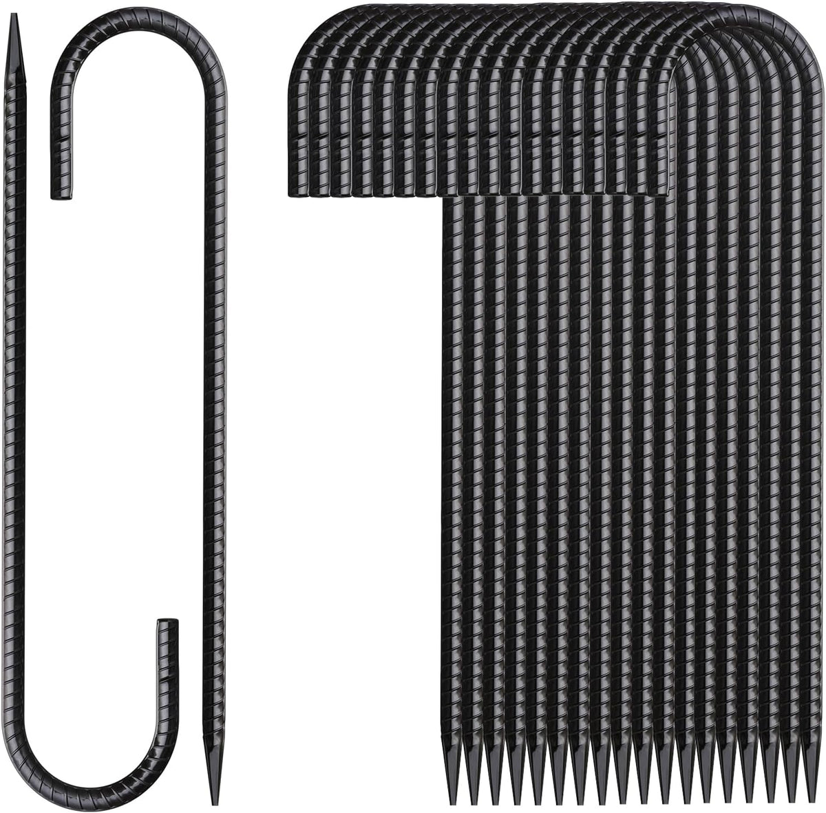 Rebar Stakes 16 Inch 20 Pack J Hook Ground Stakes Heavy Duty Tent Stakes Chain Link Fence Stakes with Chisel Point End Galvanized Steel Ground Anchors Metal Spikes Black Coated