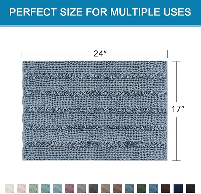 H.VERSAILTEX Bath Rug Non Slip Chenille Striped 17" x 24" Absorbent Soft Shaggy Washable Dry Fast Bath Mat - Stone Blue