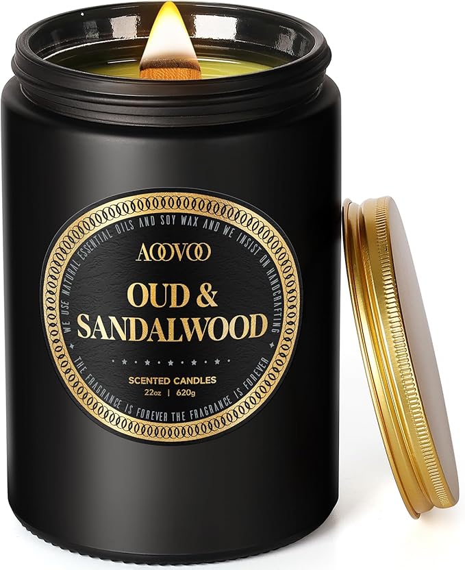 AOOVOO Scented Candles for Men - Large 22oz 120 Hours of Burn Time, Oud & Sandalwood Candles for Home Scented | Crackling Wood Wick Soy Candle | Strong Fragranced Black Candle Gift for Women & Men