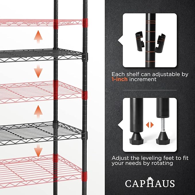 CAPHAUS 3/4/5-Tier Adjustable Height Wire Shelving Unit, Wire Rack Shelving, Metal Steel Storage Shelves, Garage Shelving Storage Organizer, Utility Storage Shelf, 5-Tier Without Wheels, Black