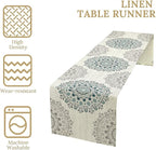 Boho Flower Table Runner, Bohemian Turquoise Mandala White Teal Floral Kitchen Dining Table Runners for Indoor Outdoor Home Party Holiday Decor, 13x36inch