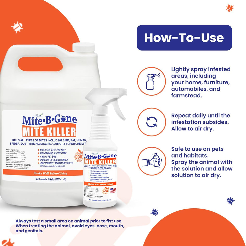 Mite Killer Spray by Mite-B-Gone — Kills Human Mites, Dust, Spider, Rat, Carpet & Bird Mites in Homes, Furniture, Bedding, Auto & On Animals | Non-Toxic | Kid & Pet Safe | 32oz Spray