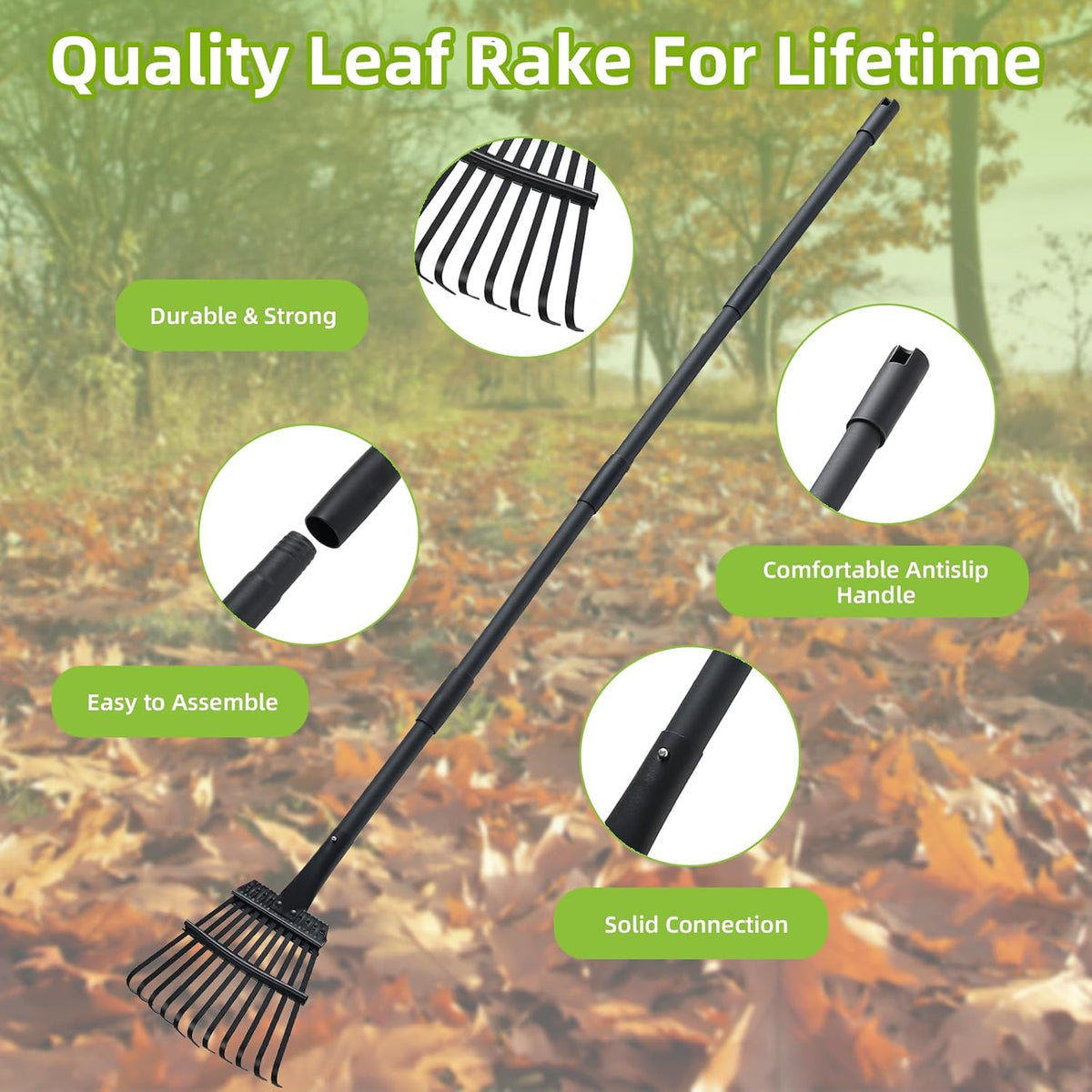 Small Rake for Gardening 63 Inch Adjustable Heavy Duty Garden Leaf Rakes Garden Tools 11 Metal Tines Small Garden Rake for Shrub Flower Bed Mulch Camping, Black