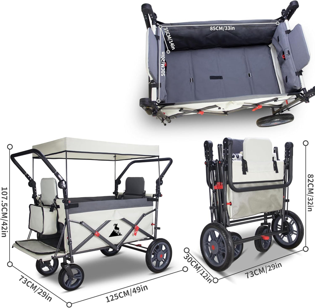 Foldable Wagon with Canopy - Collapsible Utility Cart with 2 Seats & Belts, Adjustable Handle, Expandable Front for Camping, Picnic, Shopping (Beige/Grey)