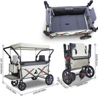 Foldable Wagon with Canopy - Collapsible Utility Cart with 2 Seats & Belts, Adjustable Handle, Expandable Front for Camping, Picnic, Shopping (Beige/Grey)