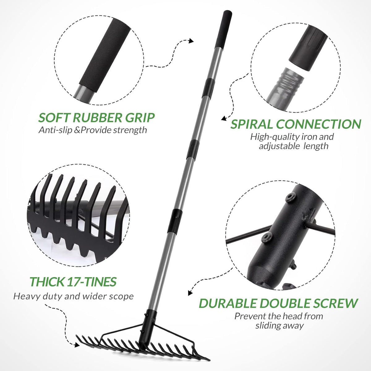 Walensee 5.4FT Bow Rake Heavy Duty Garden Rake with Stainless Steel Handle, 17 Steel Tines Garden Tool for Loosening Soil Gathering Leaf Leveling Lawn Farming Land Management Yarn Thatch Rakes