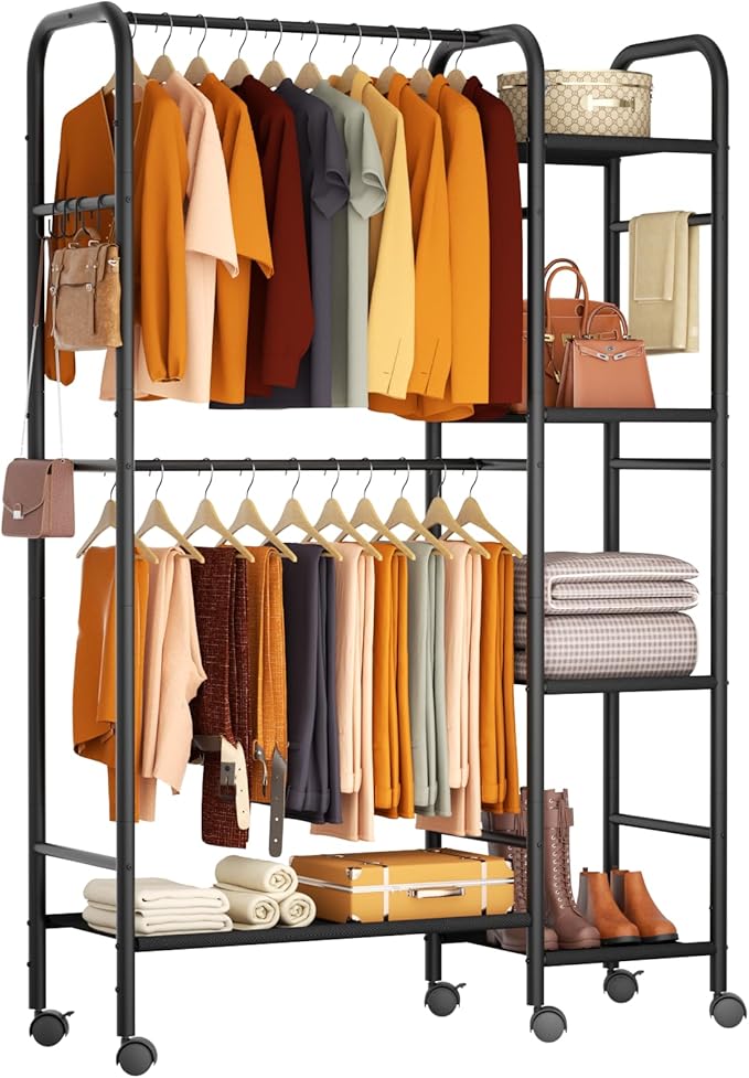 Portable Closets For Hanging Clothes,Wardrobe Closet Racks For Hanging Clothes,Sturdy Clothes Rack Heavy Duty,4-Tier Metal Freestanding Clothing Racks With Shelves, 45" X 16" X 69"