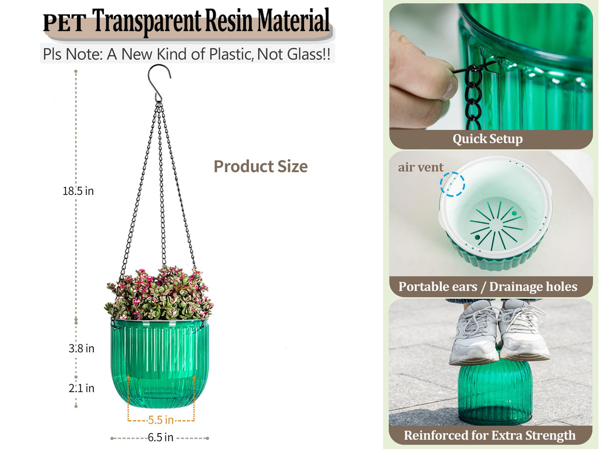 Melphoe 2 Pack Self Watering Hanging Planters Indoor Flower Pots, 6.5 Inch Outdoor Hanging Basket, Plant Hanger with 3Hooks Drainage Holes for Garden Home (Emerald)