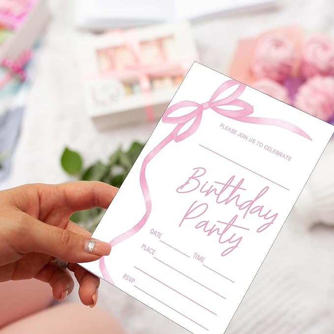 SIXEIGHT Pink Bow Birthday Invitations, Pink Ribbon Bow Birthday Party Invitations, 20 Party Invitations with Envelopes for Girls Boys, Birthday Party Favor & Decoration (4"x6")-A04