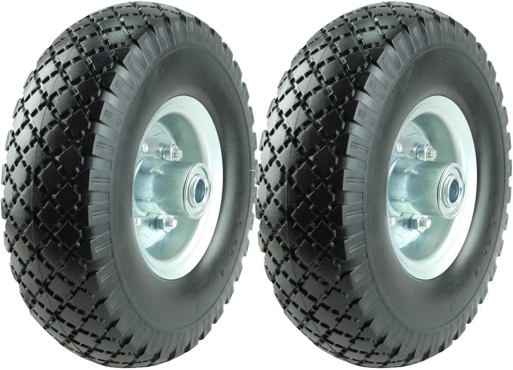 KF4003 Twin Pack 10-Inch Solid Rubber Tire Wheels Replacement 3.00-4 Tires Wheels Flat Free with 5/8" Bearings 2.15" Offset Hub Perfect for Hand Truck Wheelbarrow Garden Cart Non-Flat