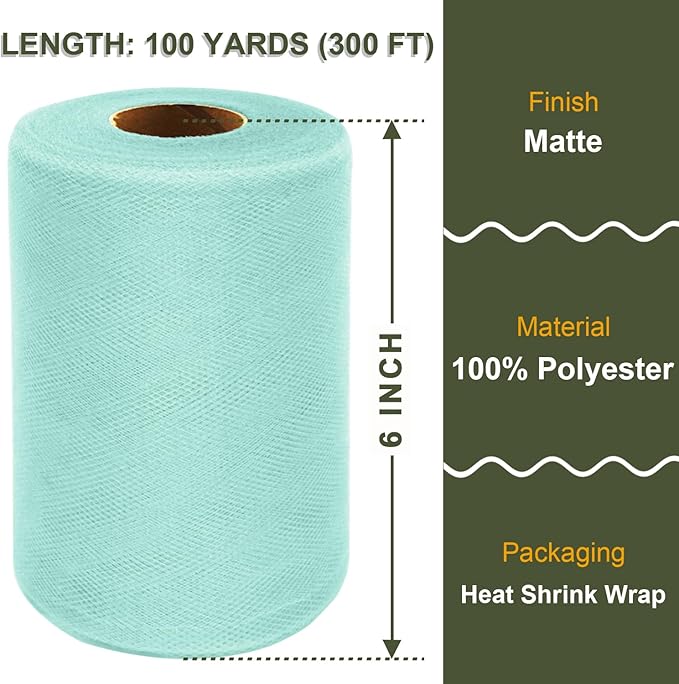 Aqua Blue Tulle Fabric Roll 6 Inch X 300 FT (100 Yards) Matte Tulle Ribbon Netting Mesh Spool for DIY Tutu Skirt Wedding Bow Gift Wrapping Baby Shower Christmas Party Halloween Decorations