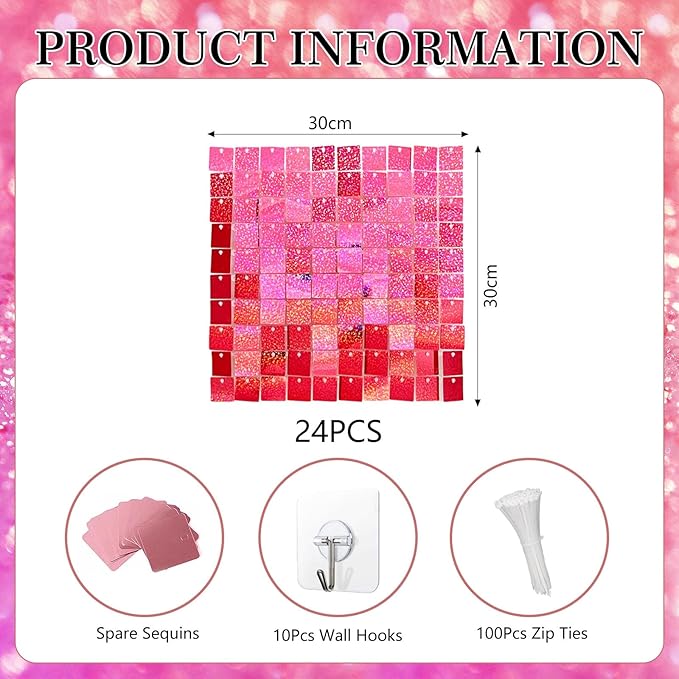 24PCS Deep Pink Shimmer Wall Backdrop, Laser Square Sequin Photo Backdrops Panel, Glitter Wall Background for Birthdays, Weddings, Christmas, Engagements, Disco Bachelorette Party Decor (4FTx6FT)