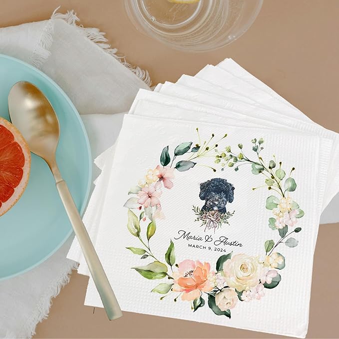 Luxury Personalized Dog Wedding Napkins, Personalized Cocktail Napkins For Bar, Customized Bridal Shower, Engagement Party