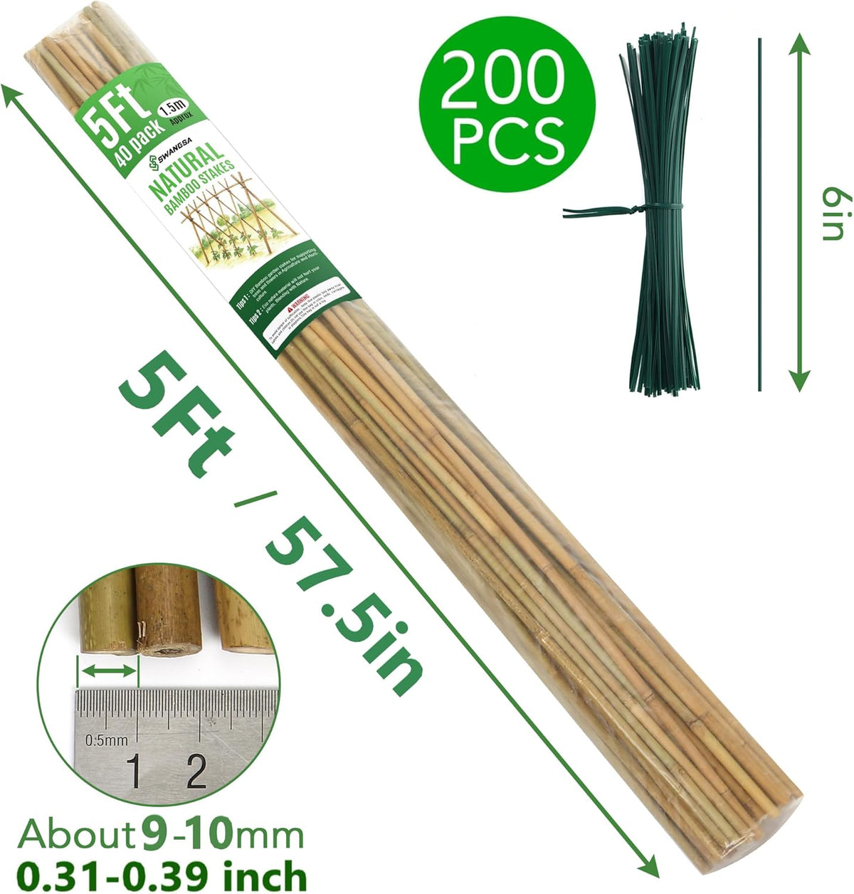 SWANGSA 40 Pack Bamboo Stakes for Plant 5 Feet(57.5inch), Bamboo Sticks Plant Support Garden Stakes Poles with 200pcs Twist Ties for Tomatoes, Beans, Potted Plants, Indoor and Outdoor Climbing Plants