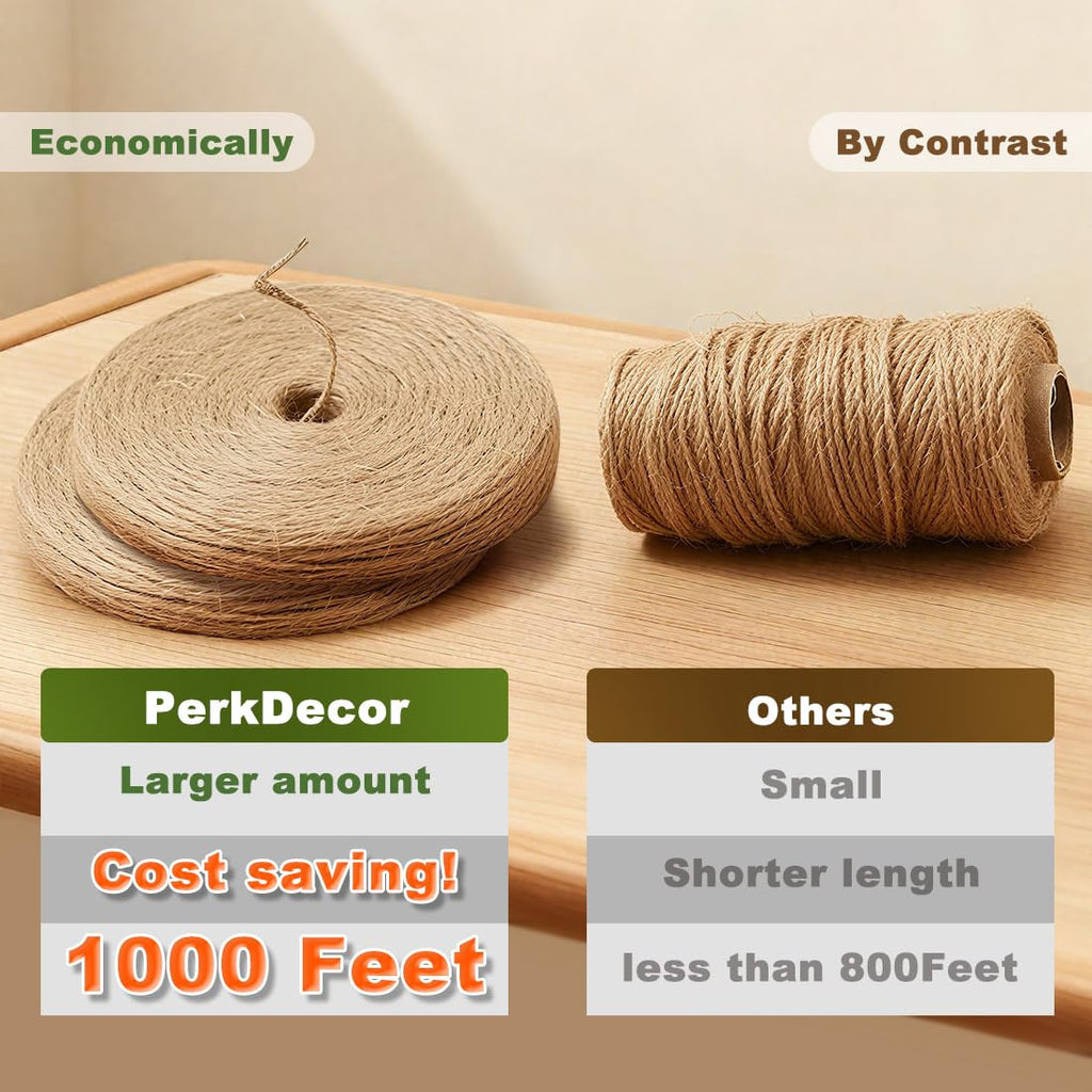 PerkDecor 1000FT Natural Jute Twine String Bulk Hemp Rope Cord for Crafts Gardening Gift Wrapping Wedding Décor Packing Material Burlap Ribbon Christmas Knitting Macrame Decoration (Brown 2mm* 1000ft)