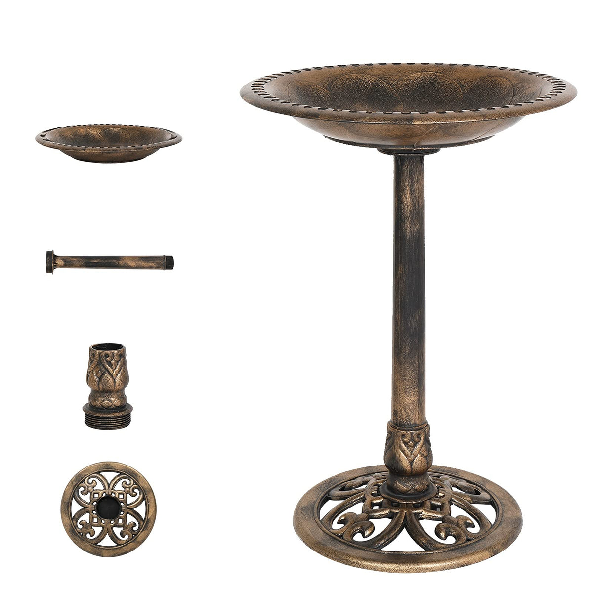 VINGLI Pedestal Bird Bath, Resin Birdbaths Weather Resistant, Bird Baths with Floral Accents & Vintage Finish, Garden Decor for Outdoor, Patio, Yard, Lawn (Copper)