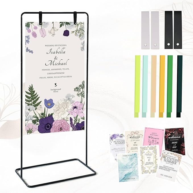 Wedding Sign Stand - Adjustable Wedding Sign W/Design Bundle & Leather Sign Hanging Straps, Durable Metal Easel Stand for Wedding Welcome Signs, Seating Charts, Ceremony & Reception Decor (Black)