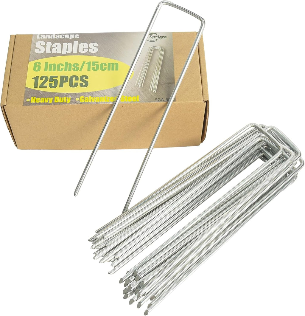 6 Inch Landscape Staples, More Thicker Heavy Duty 8 Gauge Galvanized Landscape Stakes, 125 Packs Garden Staples for Lawns, Weed Barriers, and Landscape Fabrics, Irrigation Hose, Tent Pegs ﻿
