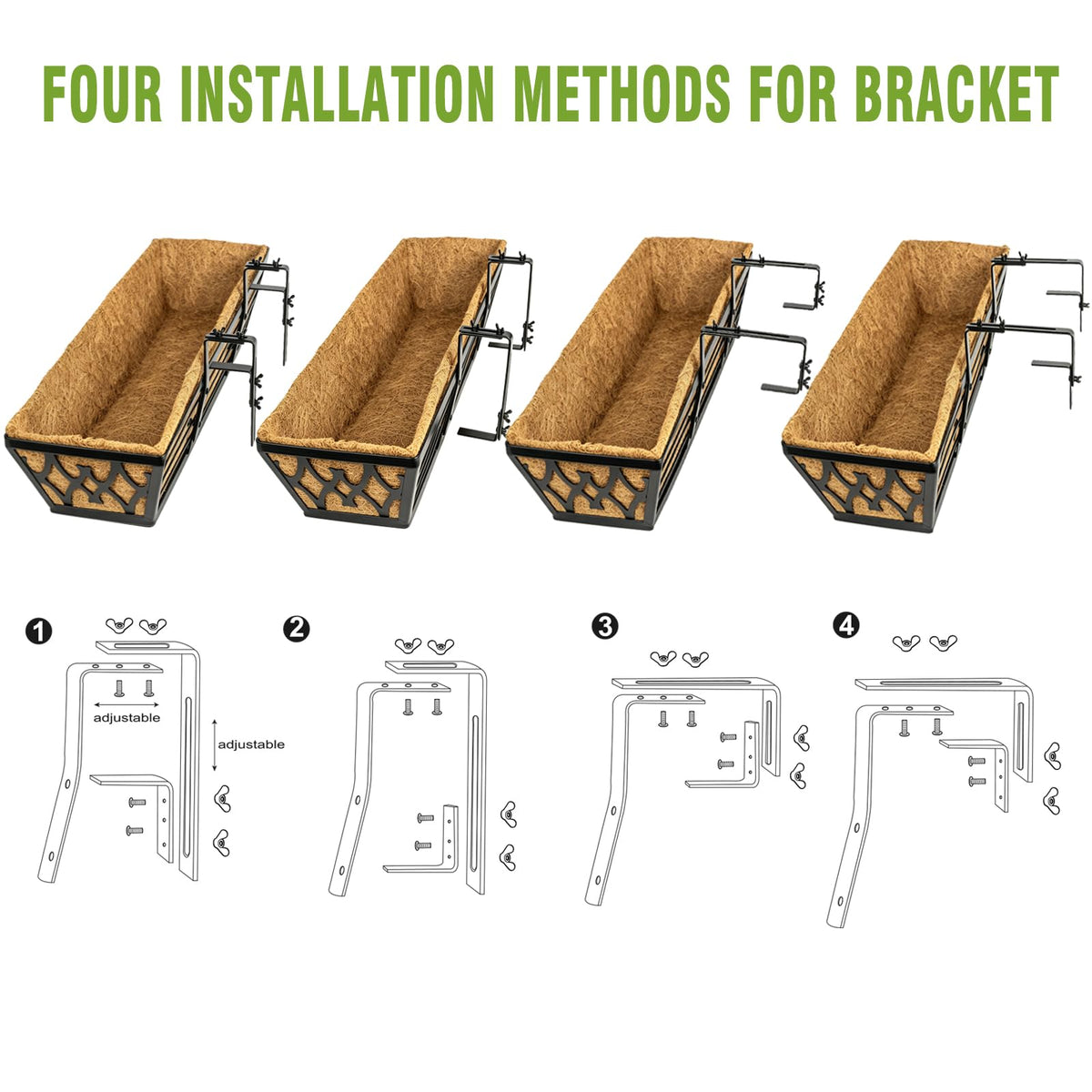 4 Pack 24 Inch Window Boxes Planters for Outdoor Plants Railing Planter Box with Adjustable Brackets for Windowsill Porch Fence Patio Hanging Flower Coco Baskets for Outside Decoration - Black