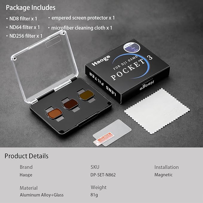 Haoge 3-Pack ND Filter Set for DJI Osmo Pocket 3,with ND8 ND64 ND256 Filters and LCD Screen Protector,Filter kit Vlog Video Accessory,Multi-Coated HD Optical Glass