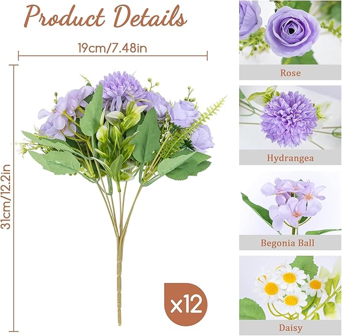 12 Packs Peonies Artificial Flowers,Silk Artificial Peonies Flowers Fake Peony Faux Floral Arrangements Bouquet for Centerpiece Table Wedding Party Home Decor Purple