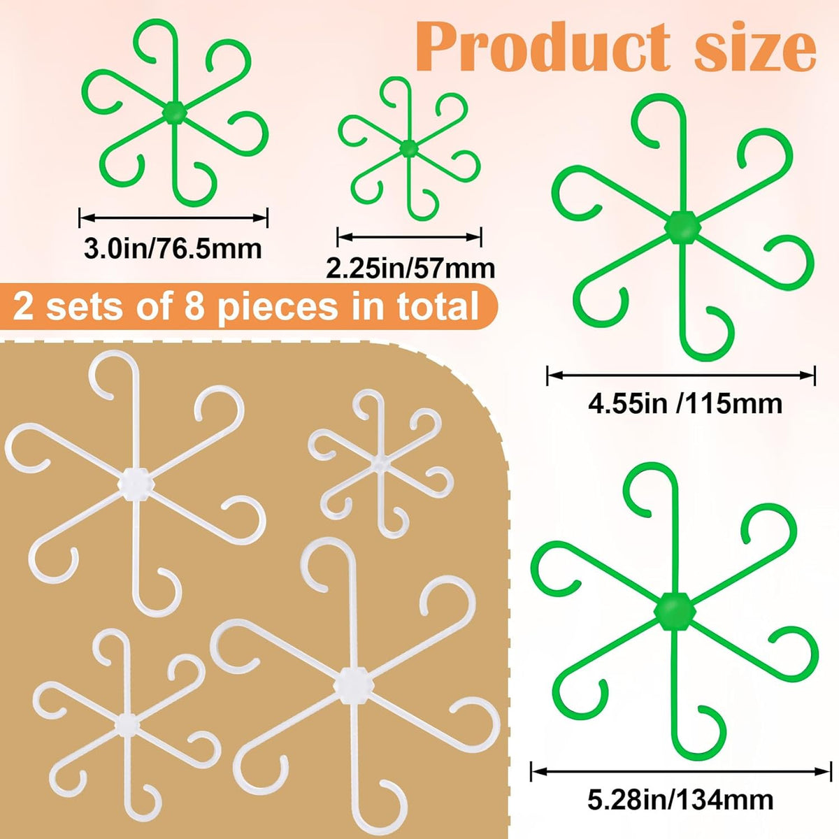 8PCS Plant Stem Support, 4 Sizes Climbing Houseplant Stem Holders, Plastic Reusable Flower Trellis Stem Hook Plant Care Growth Accessories for Flower Plants Indoor Outdoor- Green, Clear