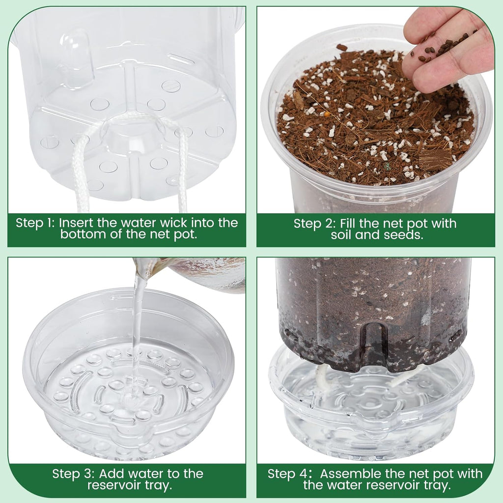 20 Pack 5 Inch Clear Self Watering Plant Pots with Bottom Water Tray & Watering Rope, Transparent Nursery Pots with Drainage for Seedlings, Herbs, and Houseplants