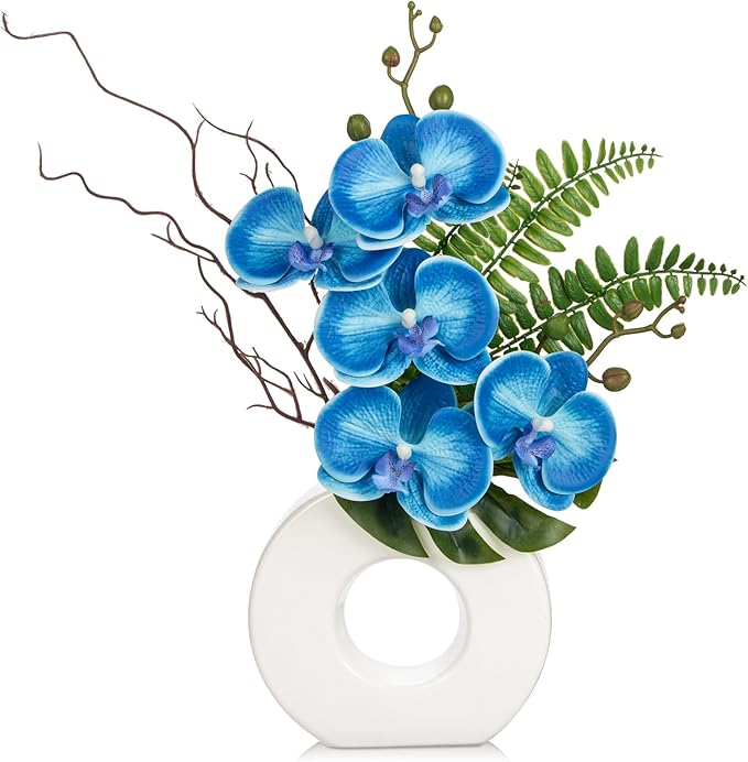 Briful Orchid Fake Flowers 16.1'' Blue Artificial Orchid Silk Flowers with Vase Faux Orchid Arrangement for Home Office Bathroom Desk Modern Decoration